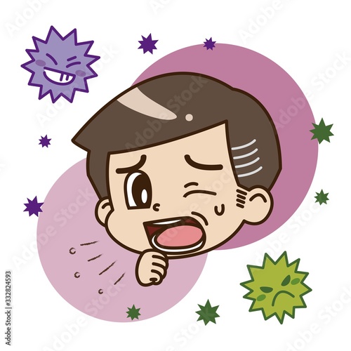 咳をする中年男性とウイルスのイラスト