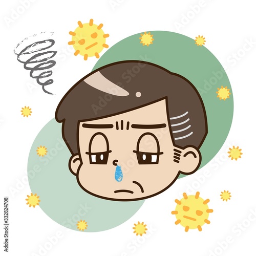 花粉症で鼻水が出ている中年男性と花粉のイラスト