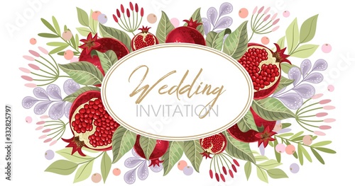 Wedding invitations with pomegranate and leaves. Composition for a wedding or greeting card. Design element for wedding,
 birthday, natural and eco cosmetics. Can be used for a poster, invitation , or