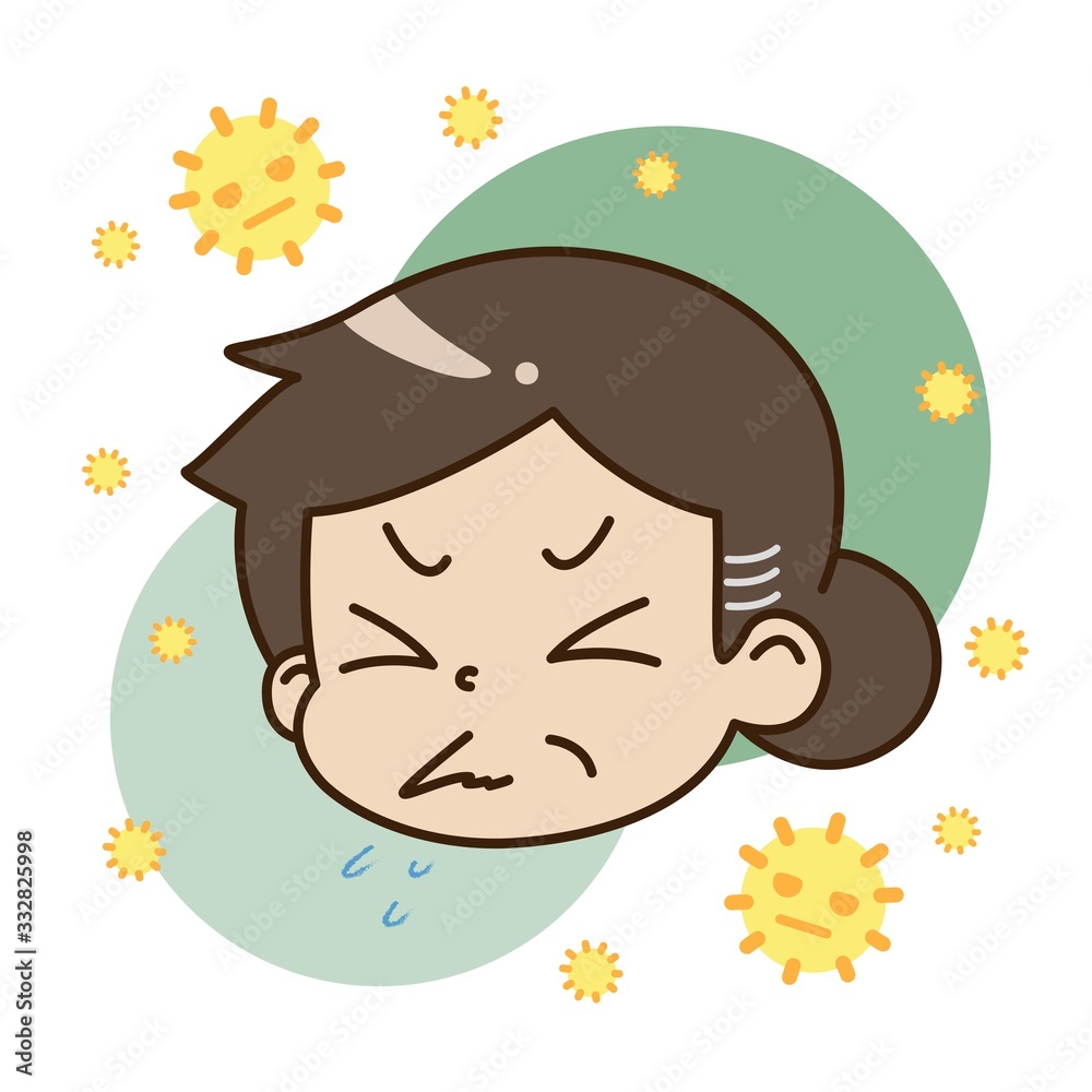花粉症でクシャミが出ている中年女性と花粉のイラスト
