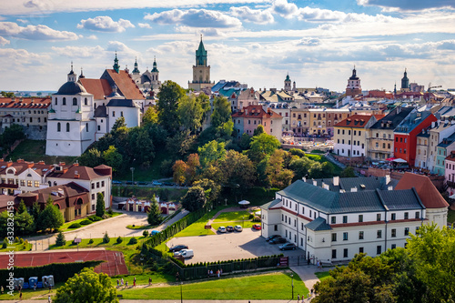 Lublin, Poland - Panoramic view of city center with St. Stanislav Basilica and Trinitarian Tower in historic old town quarter
