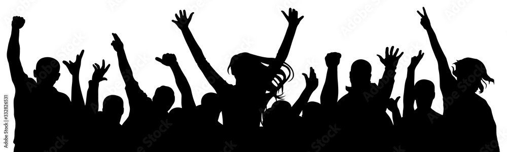 Cheerful crowd of people cheering applause. Party disco concert sport. Fan happy people. Silhouette vector illustration - obrazy, fototapety, plakaty 