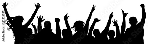 Fan happy people. Cheerful crowd of people cheering applause. Silhouette vector illustration. Party disco concert sport