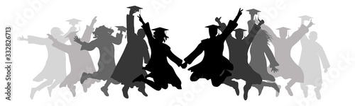 Graduation, jumping graduates in square academic caps, silhouettes. Vector illustration.