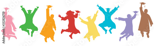 Jumping students graduates in mantles and square caps on graduation. Colorful silhouettes, vector illustration.
