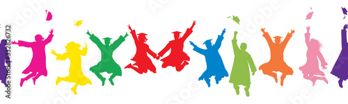 Colorful silhouettes of jumping graduates, throwing square academic caps. Seamless pattern. Vector illustration.