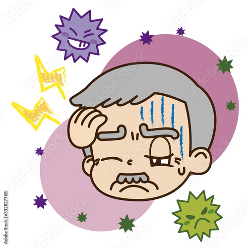 頭痛を患っている高齢男性とウイルスのイラスト