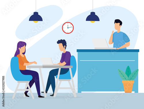 scene of coworking with people in workplace vector illustration design