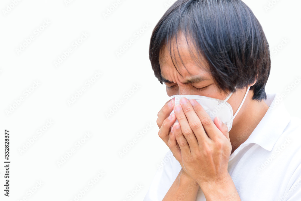 A asian man wear N95 mask and cough action A asian man wear N95 mask and cough action