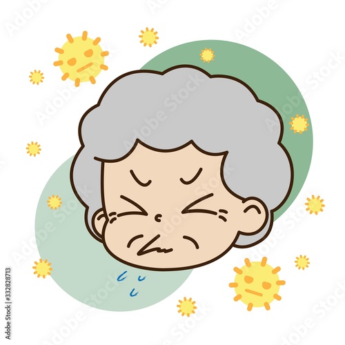 Wallpaper Mural 花粉症でクシャミが出ている高齢女性と花粉のイラスト Torontodigital.ca
