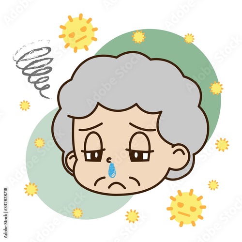花粉症で鼻水が出ている高齢女性と花粉のイラスト