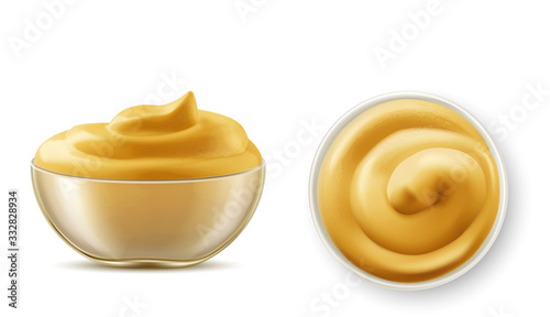 Mustard sauce in bowl top view and side view set. Glass cup with fresh product, spicy condiment with swirl on top isolated on transparent background, realistic 3d vector illustration, icon, clip art