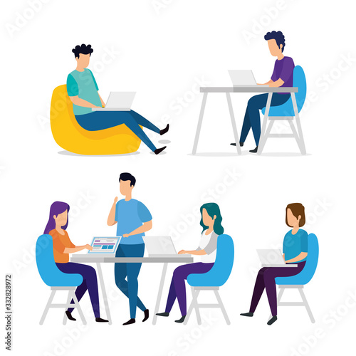scene of coworking with people in workplace vector illustration design