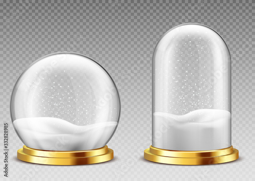 Realistic snow globe and dome, christmas souvenir isolated on transparent background, glass containers on golden base. Festive design element, xmas gift mock up. Realistic 3d vector clip art, icon set