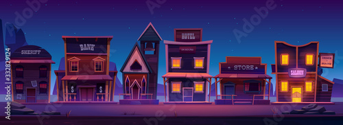 Western town with old wooden buildings at night. Wild west landscape for game gui. Vector cartoon illustration of city street with catholic church, saloon, sheriff office, bank, hotel and store