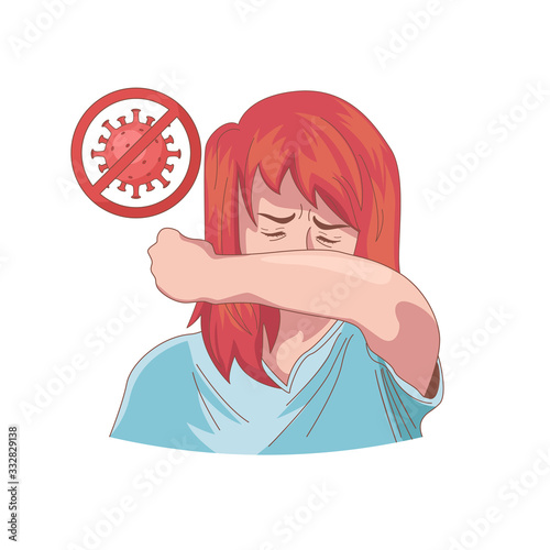 Woman covering her forearm when coughing to prevent the spread of covid-19 coronavirus