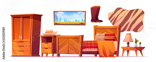 Wild west bedroom stuff set. Western rustic style wooden furniture, cupboard, bed with checked plaid, cowboy hat and boots, night table with lamp, picture and animal skin rag, Cartoon vector clip art