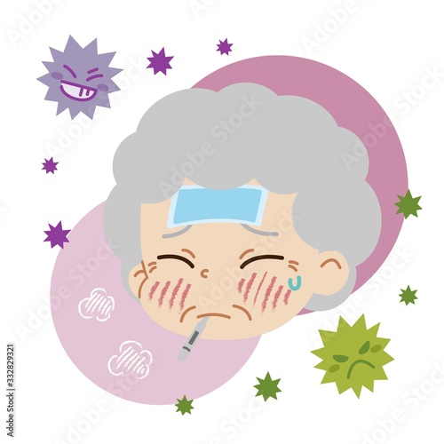 熱が出ている高齢女性とウイルスのイラスト