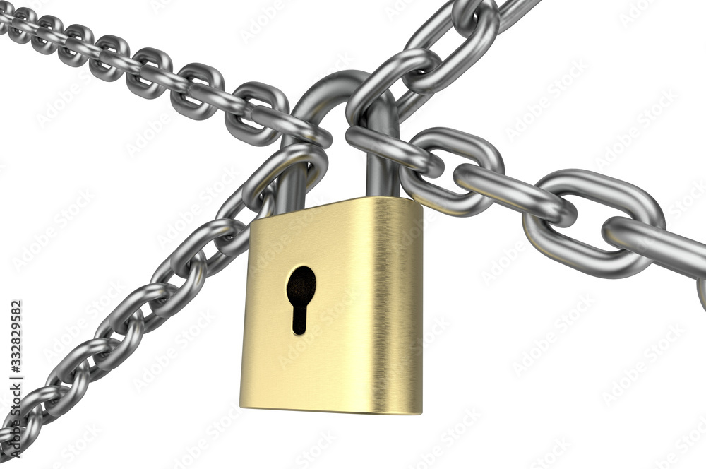 Lock down text with metal chain and lock, 3d render illustration. Lock down text with metal chain and lock, 3d render illustration.