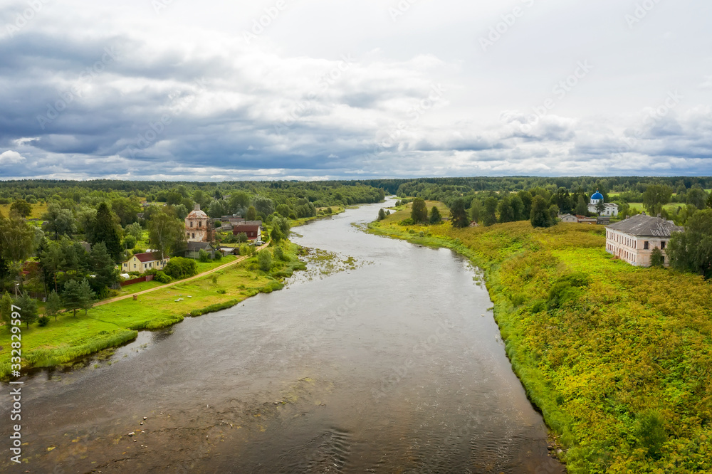 Aerial view on the Msta river on a summer rainy day. Borovichi district, Novgorod region, Russia