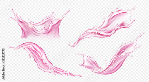 Splash of juice or pink water isolated on transparent background. Vector realistic set of liquid waves of falling and flowing translucent red drink, strawberry or berry juice, rose wine