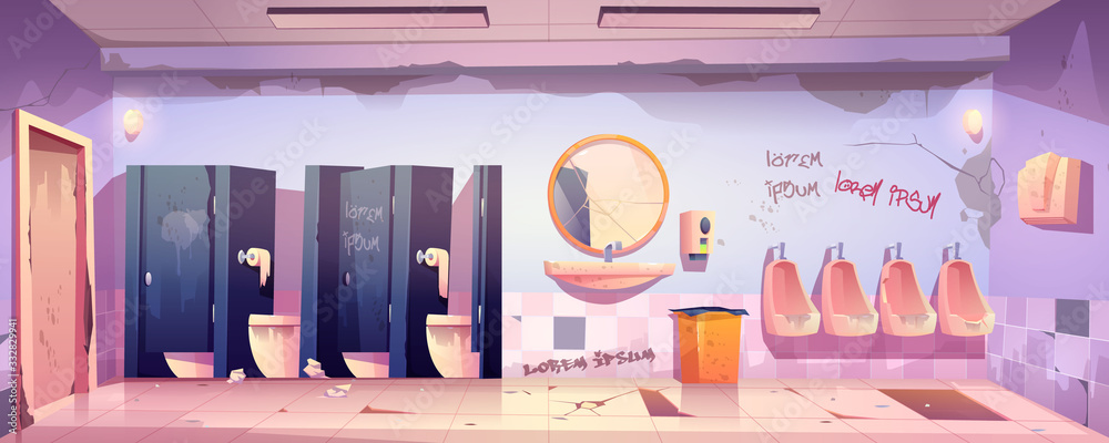 Dirty public restroom with messy toilet bowls and urinals, broken floor