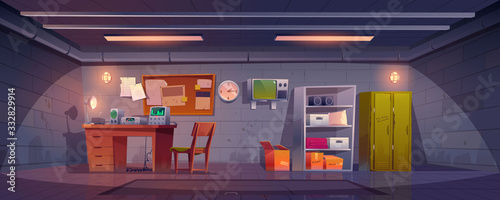 Underground bunker interior with lockers, appliances on desk, stocks on shelves and hatchway in floor. Vector cartoon illustration of bomb shelter for survival under nuclear war. Secret science base photo