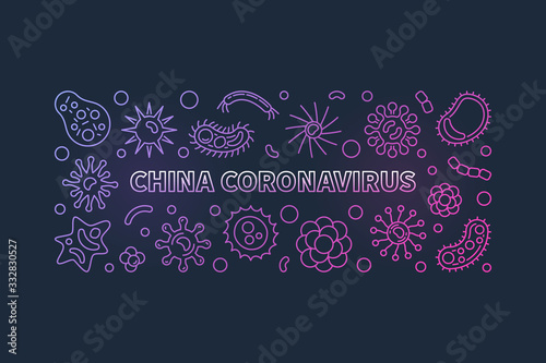 China Coronavirus vector concept colored thin line horizontal illustration on dark background