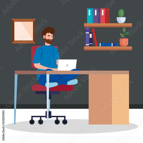 man working telecommuting inside house vector illustration design