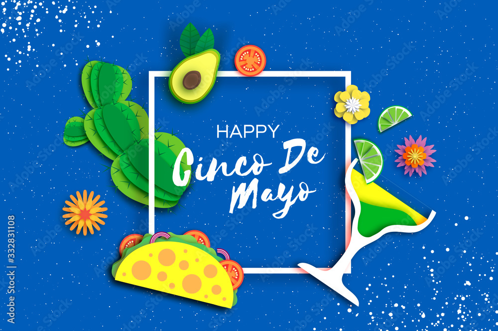 Happy Cinco de Mayo Banner. Sombrero hat, fan, tacos. Coctail and flowers in paper cut style. Mexico, Carnival. Square frame. Space for text. Blue background. Happy Cinco de Mayo Banner. Sombrero hat, fan, tacos. Coctail and flowers in paper cut style. Mexico, Carnival. Square frame. Space for text. Blue background.