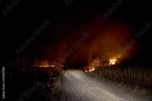 Wildfires. Burning estuary. Fire in the steppe.