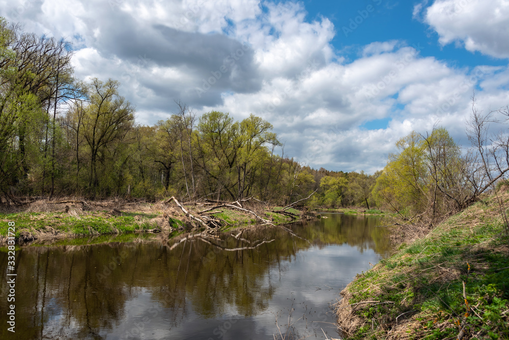 Tranquility scene with quit forest river under cloudy sky at early springtime