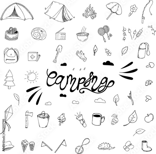 large vector set of hand-drawn elements in doodle style, picnic, camping, camping, useful carry, tents, backpacks, food