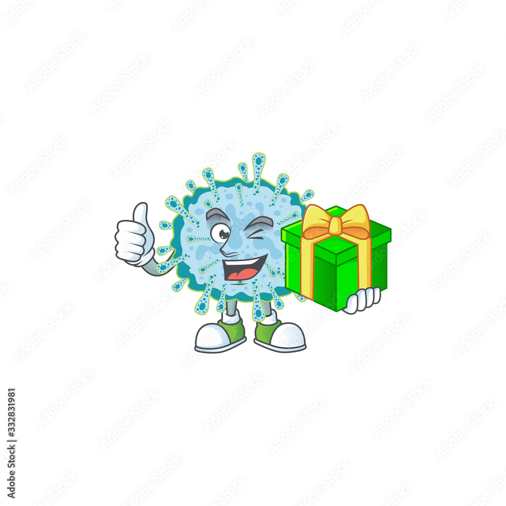 Cheerful coronavirus illness cartoon character holding a gift box Cheerful coronavirus illness cartoon character holding a gift box