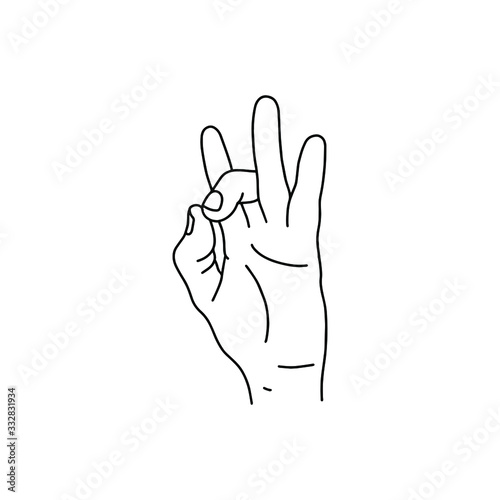 Mudra - Shuni (or Shoonya). Hands vector illustration. Yogic hand gesture. Black and white linear style.