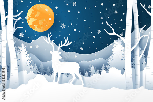Deer with moon in forest and snow in the winter season. Background of landscape paper art style and Christmas day concept.