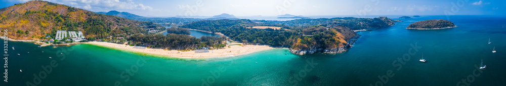 Aerial panorama of the tropical beach of Nai Harn on Phuket island in Thailand