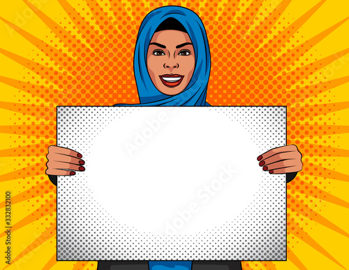 Colored vector illustration in pop art style. Beautiful muslim woman in traditional shawl on her head. Arabian woman holds a white sheet in her hands. Advertising poster,  template, advertisement.