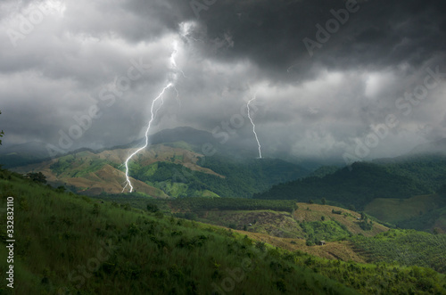 Scary lightening and clouds over mountains in monsoon season