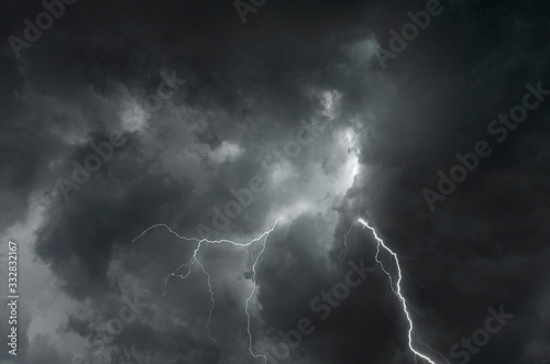 Strong lightning in scary black clouds in monsoon season