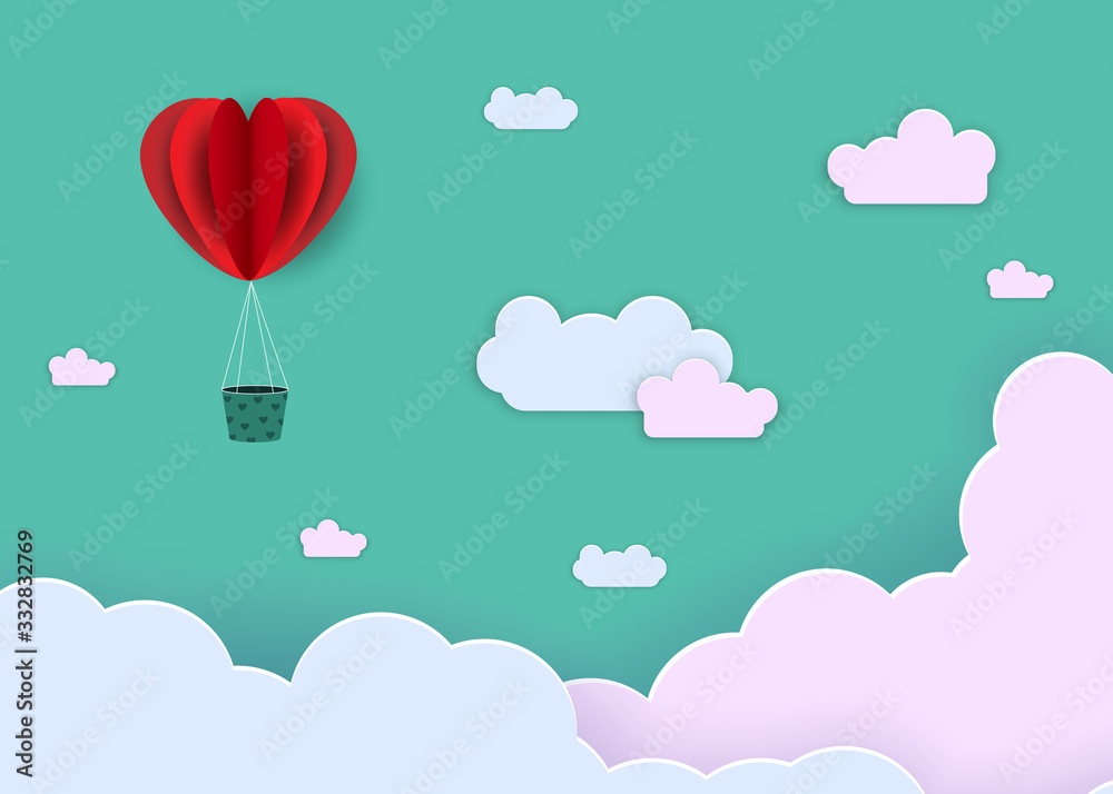 Abstract background in paper style. Red hearts, balloons on a green background.
