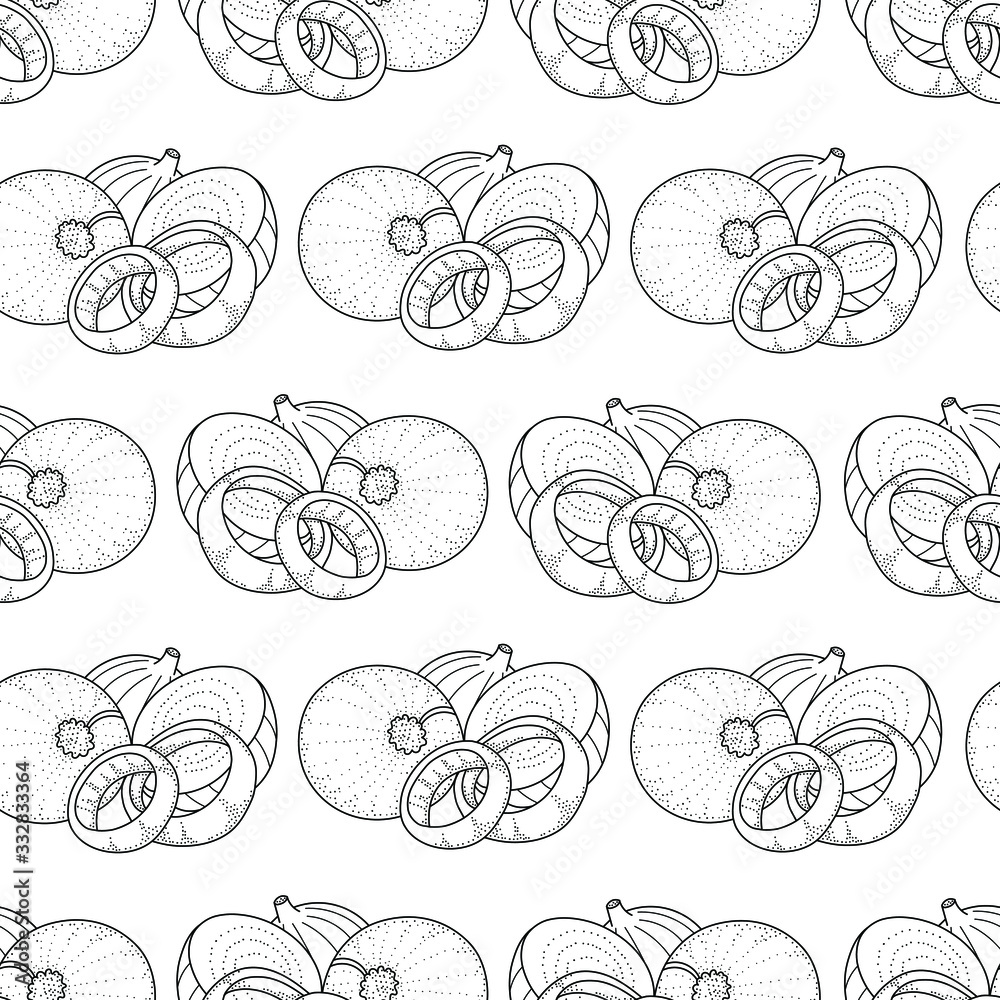 Vector seamless pattern with doodle onions; hand drawing onions for fabric, wallpaper, packaging, textile, web design.