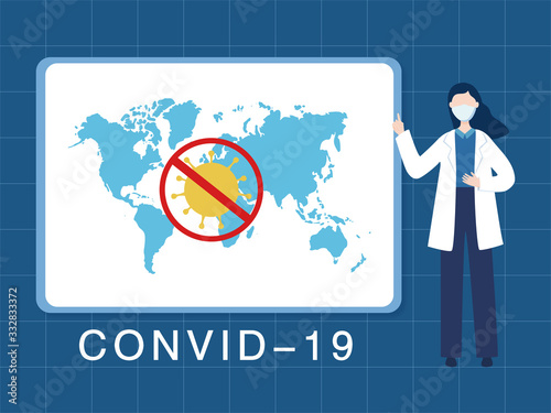 Doctor and screen showing virus spread through the world