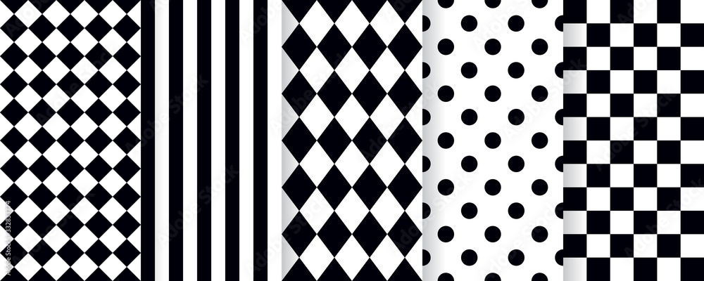 Harlequin seamless pattern. Vector. Circus black white background with rhombus, stripe, square, plaid and checkered. Grid tile texture. Geometric illustration. - obrazy, fototapety, plakaty 