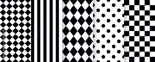 Harlequin seamless pattern. Vector. Circus black white background with rhombus, stripe, square, plaid and checkered. Grid tile texture. Geometric illustration.