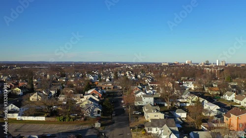 This is an Aerial Crane Shot of Neighborhoods Near the Downtown New Brunswick Skyline photo