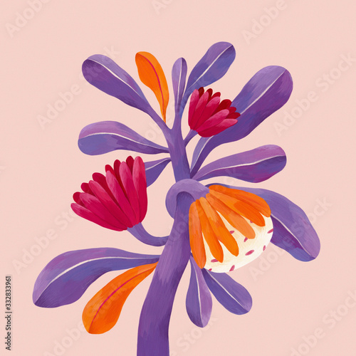 Purple flower on pink background, abstract flower, abstract plant, gouache flower photo