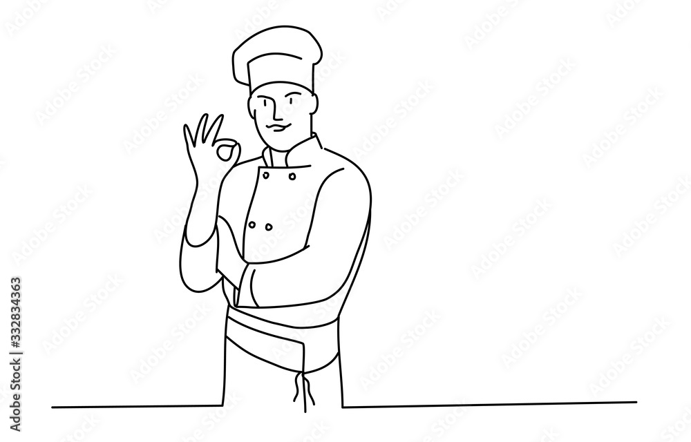 Line drawing vector illustration of chef showing ok sign. Line drawing vector illustration of chef showing ok sign.
