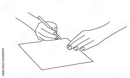 Line drawing vector illustration of hands writing letter