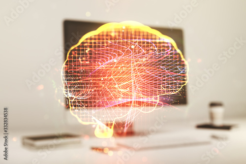 Creative artificial Intelligence concept with human brain sketch on modern computer background. Double exposure © Pixels Hunter